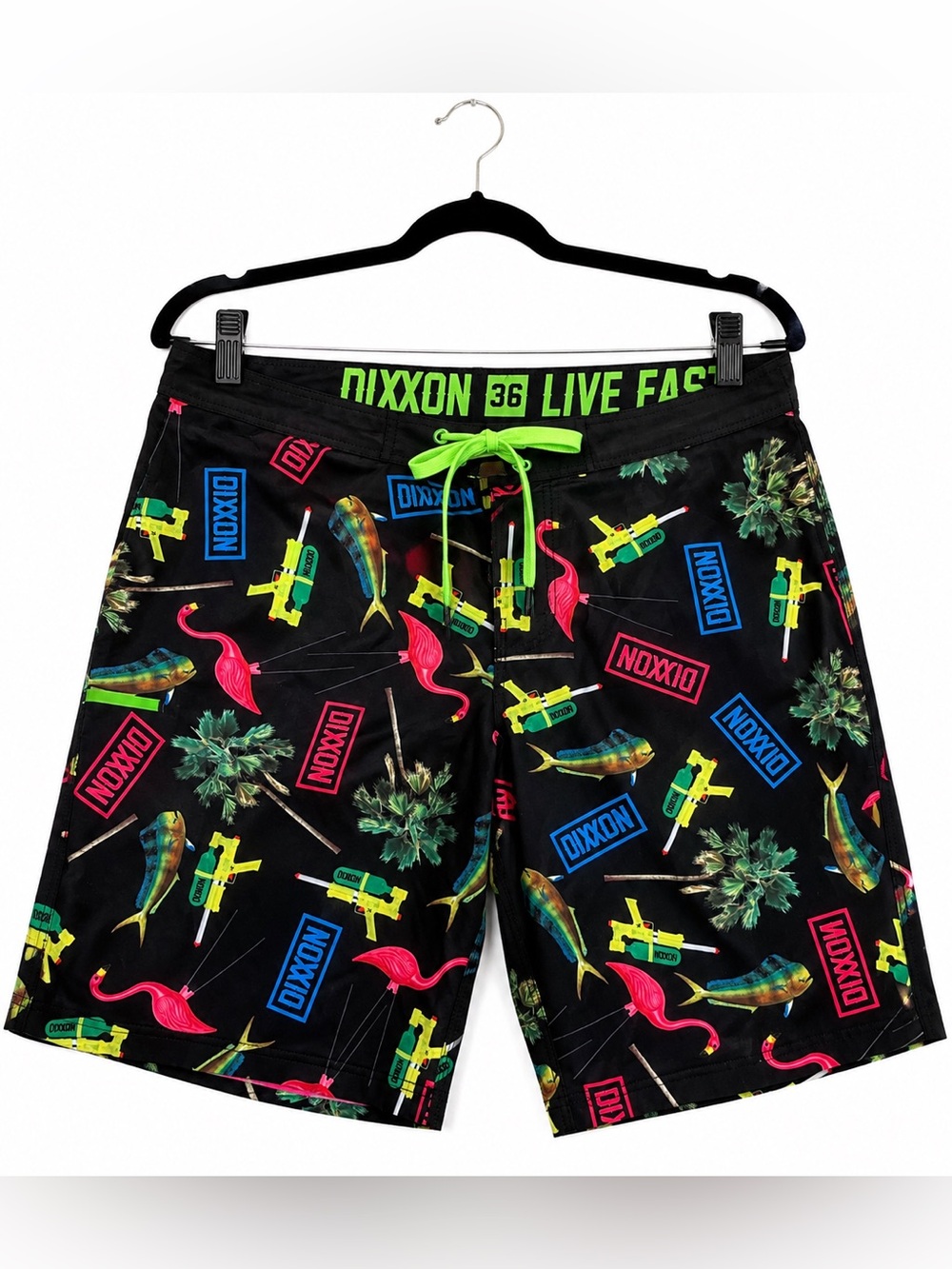 Dixxon Live Fast Graphic Board Shorts Flamingo Palm Tree Water Gun Size 36